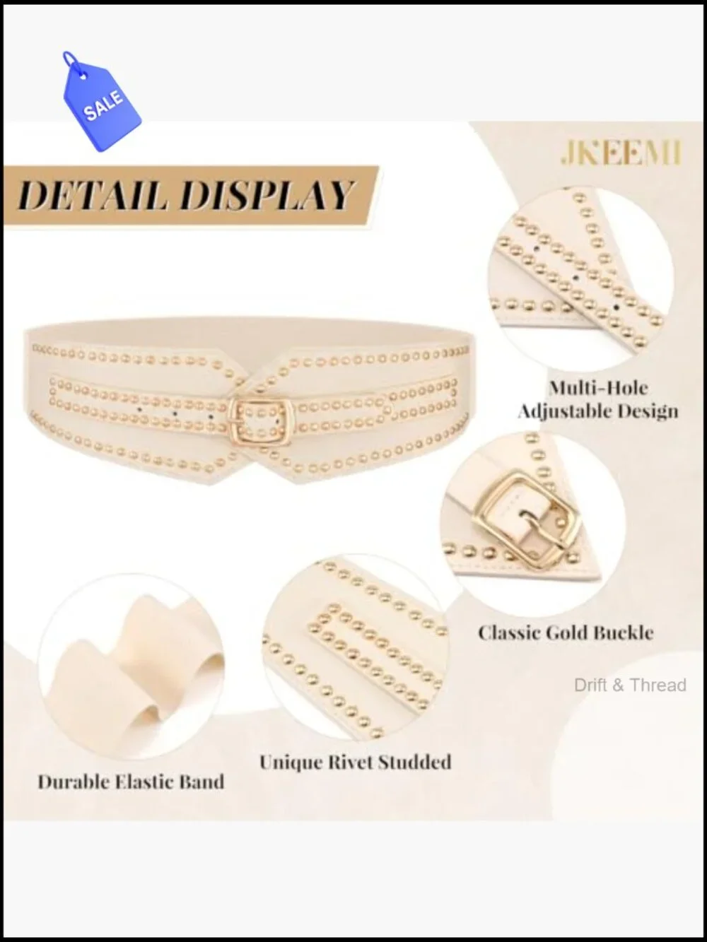 Adjustable Wide Elastic Waist Belt with Gold Buckle